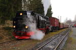 99 7232 mit IG HSB-Sonder-PmG am Abend des 25.02.2017, kurz vor Rücküberführungsfahrt nach Wernigerode, im Bahnhof Hasselfelde.