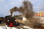 Während sich die Wasserkästen von 99 5901 im Bahnhof Benneckenstein langsam füllen, hat der Lokheizer den Bläser in Betrieb genommen und ein paar Schippen Kohle aufgelegt, wodurch das Bahnhofsgelände gründlich eingenebelt und  aromatisiert  wird! ;-) (Aufnahme vom 26.02.2017 im Rahmen einer Sonderzugveranstaltung der IG HSB.)