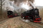 Parallelfahrt von 99 5901 mit IG HSB-Sonder-PmG und 99 7245 mit P 8920 (Nordhausen Nord - Brocken) am 26.02.2017 kurz hinter Eisfelder Talmühle.