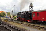 Ausfahrt von 99 234 mit P 8925 zum Brocken am Vormittag des 22.08.2020 aus dem Bahnhof Wernigerode.