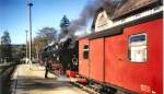 Harzquerbahn im Oktober 1990: Doppeltraktion im Bahnhof Elend