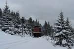 Eine Ausnahme auf der Brockenbahn stellt wohl der mit dem Harz-Kamel 199 861 bespannte Planzug dar. Keineswegs unterfordert zog die Diesellok den vollbesetzten Zug zum hchsten Berg des Nordens von Deutschland. Diese Situation kam aufgrund eines Lokschadens zustande. Wegen der entstandenen Versptung, die durch diesen Vorfall entstanden ist (mehr als eine Stunde), fuhren die nachfolgenden Zge keineswegs mehr nach dem Fahrplan und es war sehr schwierig und eher Glckssache, dann noch Fotos an den verschieden Standpunkten zu machen. (23.03.08)