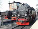 Aufstellung der 99 7235-7, 99 7232-4, 99 7237-3 vor dem Lokschuppen im BW Wernigerode der HSB am 21 Mrz 2009