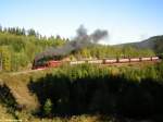 Zug Nummer 8933 zum Brocken mit 99 222 als Zuglok am 
16.10.2005 zwischen Steinerne Renne und Drei Annen Hohne.