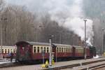 P 8964 am spten Nachmittag des 06.04.2012 im Bahnhof  Eisfelder Talmhle , kurz vor der Ausfahrt in Richtung Alexisbad, Gernrode, Quedlinburg.