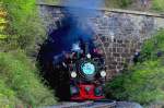 99 5901 mit Walpurgiszug am 30.04.2012 bei Ausfahrt aus dem Thumkuhlenkopf Tunnel auf dem Weg zum Brocken 