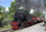 Seltener Anblick: 99 6101 mit Gterzug bei der Fahrt durch Wernigerode (09.06.12)