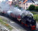 HSB 99 6101 mit Foto - Gterzug, Harzer Schmalspurbahnen, Harzquer- und Brockenbahn, fotografiert in Wernigerode Westerntor whrend Jubilumsveranstaltung 125 Jahre Schmalspurbahnen im Harz am