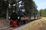 Mallet HSB 99 5901 NWE 11 vor historischem Traditionszug der HSB als Sonderzug Wernigerode - Nordhausen, Harzer Schmalspurbahnen, Harzquer- und Brockenbahn, fotografiert zw. Elend und Sorge am 04.08.2012 --> Die Lok wurde von Firma Arnold Jung, Jungenthal mit der Fabr.-Nr. 258 im Jahr 1897 gebaut.