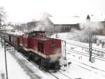 199 861-6, ein  Harzkamel , stellt am 09.02.2013 den nchsten Zug im Bahnhof Wernigerode bereit.