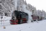 Nachdem 99 7237 am 25.01.2013 im Bahnhof Schierke nochmals ihre Wasservorrte ergnzt hat, ist sie mit ihrem Zug P8937 bereit zur Fahrt auf der Steilstrecke in Richtung Brocken.