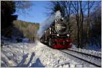 Durch das winterliche Selketal, dampft 99 7232 mit dem HSB Zug 8961 von Gernrode nach Harzgerode.