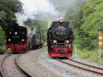 Eisfelder Talmhle, Ausfahrt 99 7245-6 mit HSB 8904 nach Wernigerode und 99 5906-5 mit dem Sonderzug 89102 am 13. Juli 2013.