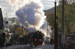 Scheinanfahrt des Foto-Güterzuges der HSB am 19.10.2013 in den Haltepunkt Wernigerode-Hasserode.