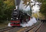 Dicht umlagert von zahlreichen Fotografen verläßt hier 99 7235 mit Planzug P8931 zum Brocken am 19.10.2013 den Haltepunkt  Steinerne Renne .