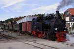 Um Gleis 1 für den in Kürze eintreffenden Foto-Güterzug  freizumachen, hat 99 6101 ihren Sonderzug der IG HSB am 19.10.2013 aus dem Bahnhof Benneckenstein gezogen und drückt ihn jetzt ins Laderampen-Gleis, wo sie auch gleich vom LKW aus mit Kohle versorgt wird. Wieder eine schöne Gelegenheit, um dem Fotoapparat ein wenig Arbeit zu verschaffen! ;-)