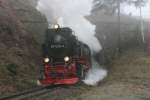 Da bei uns in Elbingerode herrlichster Sonnenschein war, fuhr ich noch mal ins Thumkuhlental. Als ich gegen 11.50 Uhr eintraf, lag Hasserode in einer dicken Nebelschicht. Hier oben schien noch die Sonnen. Doch bevor 99 7245 gegen 12.15 Uhr den Brockenzug mit Volldampf durch den Tunnel Thumkuhlenkopf zog, hatte mich der Nebel eigeholt und zog bis unterhalb von Drei-Annen; 24.12.2006