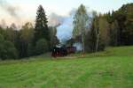 Scheinanfahrt von 99 5906 mit IG HSB-Sonderzug zwischen Mägdesprung und Sternhaus-Ramberg (Kilometer 8,4) am 17.10.2014.