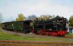 Fahrt von 99 6101 mit IG HSB-Sonderzug am 18.10.2014 durch die Wendeschleife am Bahnhof Stiege. Bemerkenswert ist, dass die Fahrt ausnahmsweise mal im Uhrzeigersinn stattfand, denn normalerweise geht es genau anders herum! (Bild 4)