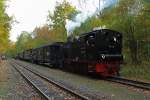 Nachmittag des 18.10.2014, Haltepunkt Sternhaus-Ramberg. Der soeben aus Hasselfelde auf dem Ausweichgleis eingefahrene IG HSB-Sonderzug mit 99 6101, wurde gerade  eingeschlossen , damit der kurz darauf einfahrende Triebwagen 187 016, in Richtung Hasselfelde, gefahrlos passieren kann.