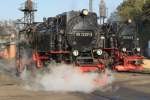 99 7237-3 (Baujahr: 1955) neben 99 7247-2 (Baujahr: 1957) der Harzer Schmalspurbahn GmbH (HSB) auf Bahnhof Wernigerode am 3-10-2014.