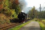 Scheinausfahrt von 99 6001 mit IG HSB-Sonderzug am 19.10.2014 aus dem Haltepunkt Straßberg.