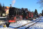 99 7243 mit IG HSB-Sonderzug am 13.02.2015 im Bahnhof Drei Annen Hohne, kurz vor Ausfahrt zum Brocken.