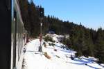 Impressionen aus dem talfahrenden Sonderzug der IG HSB am 13.02.2015 zwischen Brockenbahnhof und Schierke (Bild 4).