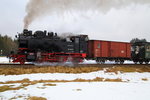 Scheinanfahrt von 99 6001 mit IG HSB-Sonderzug am Nachmittag des 15.02.2015 zwischen Eisfelder Talmühle und Benneckenstein, hier kurz vor dem Bahnhof Benneckenstein.