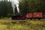 Für eine Scheinanfahrt zwischen Ilfeld und Eisfelder Talmühle (Nähe Netzkater), hat 99 5901 am 17.10.2015 ihren IG HSB-Sonderzug gerade zum Halten gebracht, um die Fotofreunde