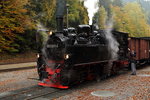 Nachdem der IG HSB-Sonderzug am Nachmittag des 17.10.2015 auf der Fahrt von Nordhausen nach Hasselfelde im Bahnhof Eisfelder Talmühle eingefahren ist, gibt es für den Lokführer erstmal