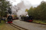 Doppelausfahrt von 99 7243 mit P 8965 (Gernrode-Hasselfelde) und 99 6001 mit IG HSB-Sonderzug am 18.10.2015 aus dem Bahnhof Alexisbad.