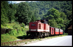 199861 mit kurzem Personenzug nach Alexisbad am 20.8.1996 um 12.10 Uhr bei Mägdesprung auf der Selketalbahn.