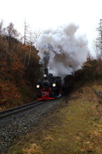 Ausfahrt (Scheinanfahrt) von 99 5901 mit IG HSB-Sonderzug am 05.02.2016 aus dem Thumkuhlental-Tunnel.