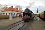 99 6001 mit IG HSB-Sonderzug nach Eisfelder Talmühle am 07.02.2016, kurz vor Ausfahrt, im Bahnhof Benneckenstein.