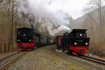 99 5901 mit IG HSB-Sonderzug nach Quedlinburg und 99 6001 mit IG HSB-Sonderzug nach Wernigerode am 07.02.2016 bei einer Parallelfahrt kurz hinter dem Bahnhof Eisfelder Talmühle.