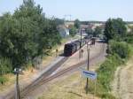 Der Mittagspersonenzug gezogen von 99 1775-8 von Radeburg ist in Friedewald Bad eingefahren und wartet auf die Weiterfahrt nach Radebeul Ost am 02.07.2008