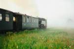 99 743-7 fuhr im Mai 2000 am frhen Morgen, noch unter Regie der DB, in den Nebel von Moritzburg, auf der Fahrt nach Radebeul.