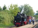 Sonderzug in Khlungsborn Ost - 99 331 mit ihren historischen Wagen hatte hier einen Fotohalt, bei dem Ent- und Beladeszenen mit historischen Koffern und Milchkannen abgelichtet werden konnten. 25.7.2013