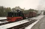 Am 17.10.09 rangiert 199 009-2 bei Schneetreiben mit einigen Gterwagen im Bahnhof Steinbach.