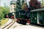 Preßnitztalbahn: Zugkreuzung im Haltepunkt Schlössel - Mai 2001