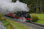 Die Dampflokomotiven 99 542 und 99 1594-3 ziehen gemeinsam einen Güterzug in Richtung Jöhstadt.