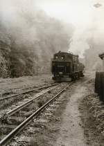 Bahnhof Wolkenstein, Schmalspurteil - hier rangiert gerade eine 99 (IVK), der Zug nach Jhstadt wird gleich bereitgestellt, um 1985