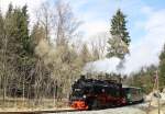 99 781 der RBB ist am 09.04.2012 zwischen Steinbach und Schmalzgrube unterwegs.