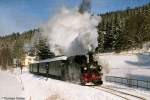 Schmalspurwinter im Pressnitztal: 99 1568 dampft zwischen Hp Forellenhof und Schmalzgrube durch die traumhafte Winterlandschaft.