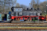 Die 1938 bei Henschel gebaute Schmalspur-Dampflokomotive 99 4802-7 wurde seiner Radsätze beraubt und stand Anfang April 2019 am Bahnhof Putbus auf einem Rollwagen.