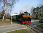 99 4632 dampfte,mit dem Fünf-Wagenzug,am 16.Februar 2023,aus Baabe in Richtung Göhren.