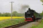 Der RASENDE ROLAND mit der Lok 99 1782 hat gerade den Haltepunkt Posewald verlassen und fährt bis Lauterbach Mole. - 12.05.2018
