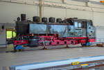Lok 99784 auf fremden Rädern, zu besichtigen zum Bahnhofsfest in der Neuen Betriebswerkstatt in Putbus.