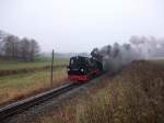 Kurz vor 10:30 Uhr am Morgen begegnete mir der zweite Zug am Tag,von Putbus nach Baabe,bei Serams am 20.November 2010.